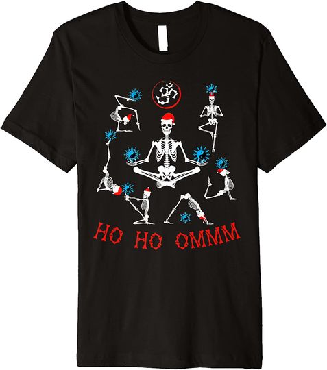 Skeleton Christmas Yoga Poses Santa Hat Yin Yang Premium T-Shirt