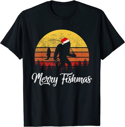 Sasquatch Bigfoot Fishing Christmas Merry Fishmas T-Shirt