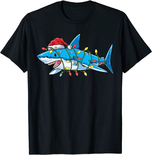 Santa Shark Christmas Lights Boys Sharkmas Xmas T-Shirt