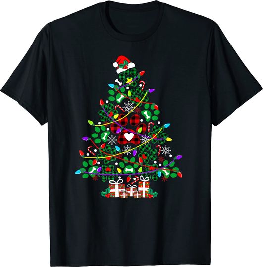 Paws Print Christmas Tree Dog or Cat With Santa Lights T-Shirt
