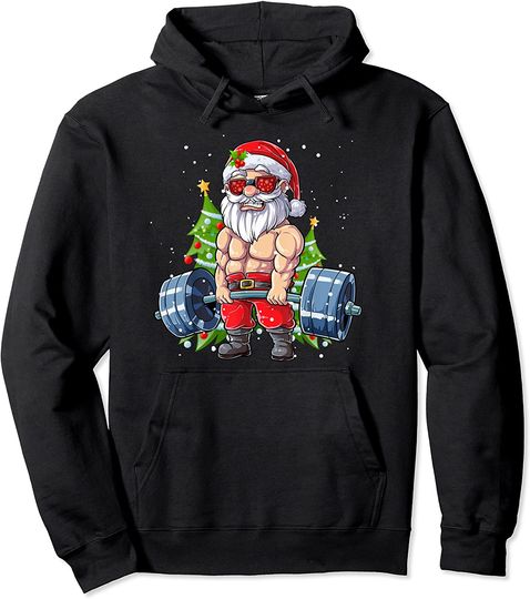 Weightlifting Fitness Gym Deadlift Santa Claus Christmas Day Pullover Hoodie