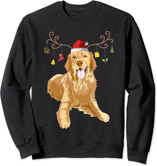 Golden Retriever Ugly Xmas Sweater Antlers Dog Lover Gift