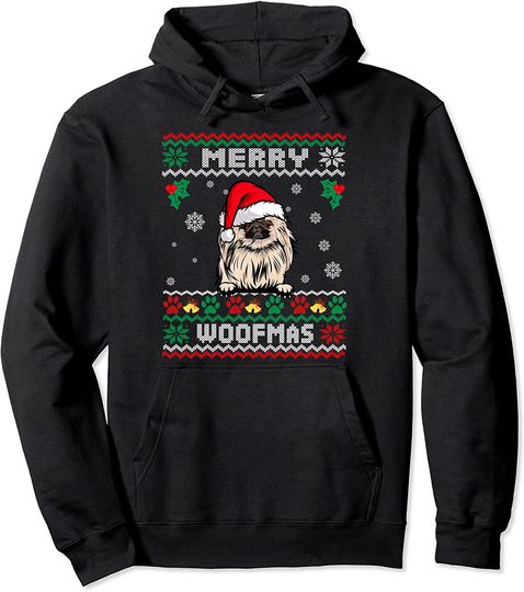 Merry Woofmas Pekingese Dog Christmas Ugly Xmas Pullover Hoodie