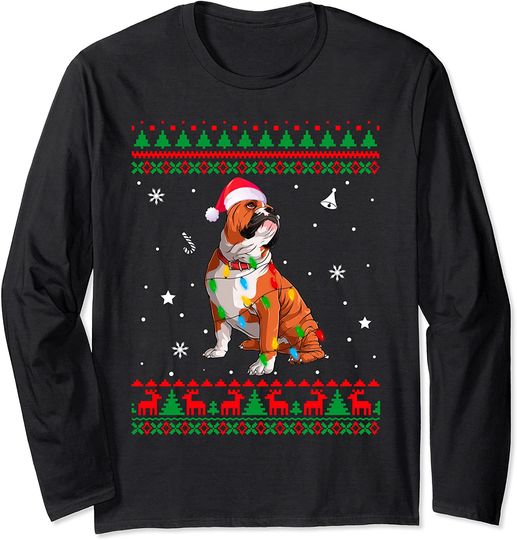 Xmas Ugly Sweater Christmas Lights English Bulldog Dog Lover Long Sleeve