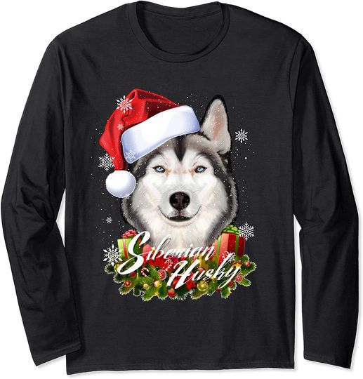 Happy Siberian Husky Dog Face Christmas Santa Hat Long Sleeve