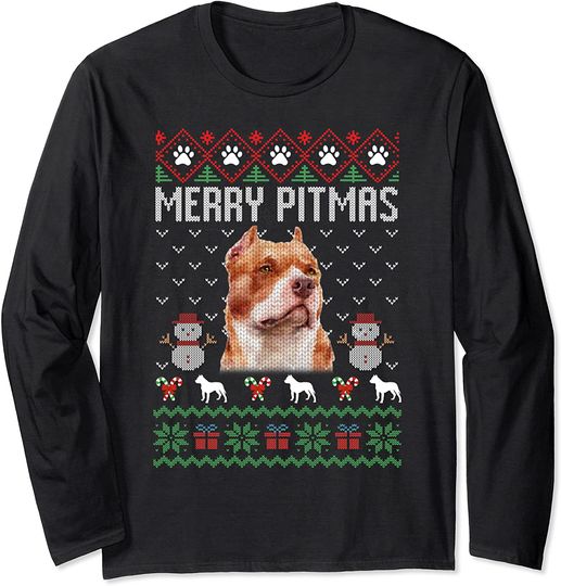 Pitbull Dog Christmas Lovers Merry Pitmas Ugly Christmas Long Sleeve T-Shirt