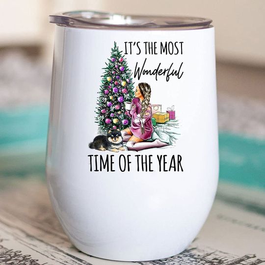 It's The Most Wonderful Time Of The Year Tumbler 12 oz, Girl and Dog Lover Christmas Tumbler, Dog Lover Christmas Tumbler