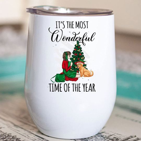 It's The Most Wonderful Time Of The Year Tumbler 12 oz, Girl and Dog Lover Christmas Tumbler