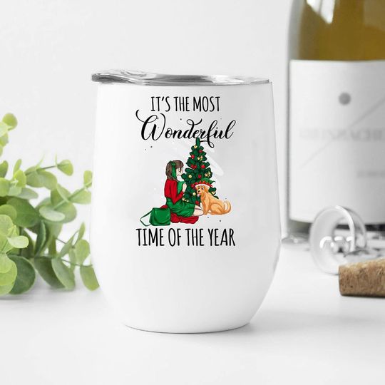 It's The Most Wonderful Time Of The Year Tumbler 12 oz, Girl and Dog Lover Christmas Tumbler