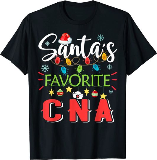 Santa's Favorite CNA Nurse Xmas Light Santa Hat Christmas T-Shirt