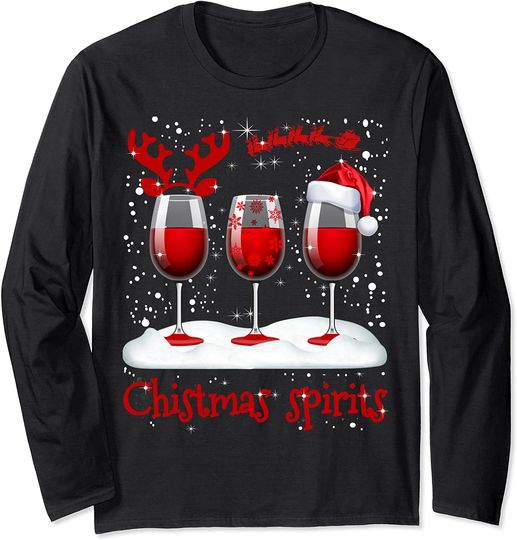 Christmas Spirits Glasses Of Wine Xmas Holidays Party Long Sleeve