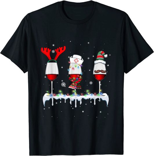 Three Glass Of Red Wine Christmas Lights Antlers Nurse T-Shirt