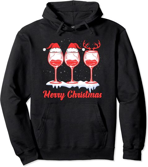 Three Red Wine Glasses Santa Hat Christmas Wine Xmas Pullover Hoodie