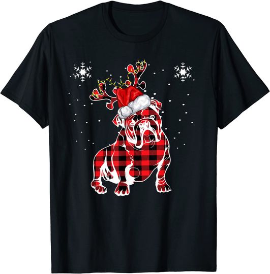 Bulldog Christmas Pajama Family Matching Red Plaid Reindeer T-Shirt