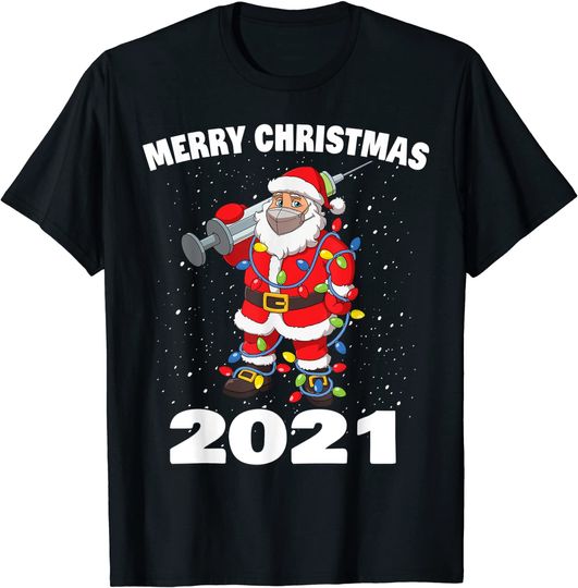 Vaccinated Santa In Mask Tree Lights Merry Christmas 2021 T-Shirt