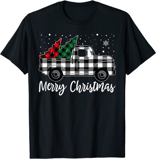 Merry Christmas White Buffalo Plaid Truck Tree T-Shirt