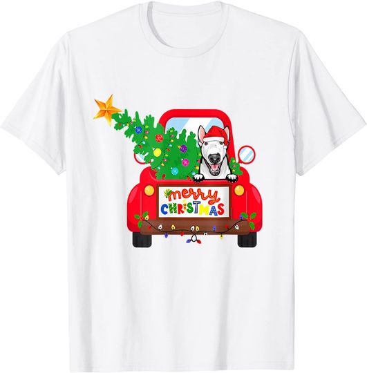 Bull Terrier Dog Riding Red Truck Christmas Holiday T-Shirt