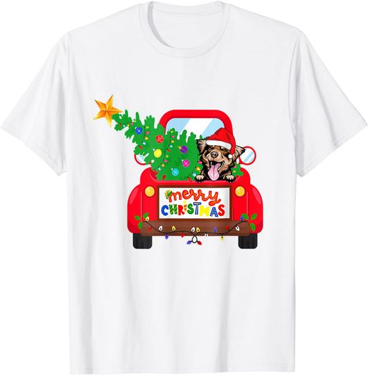 Australian Shepherd Dog Riding Red Truck Christmas Holiday T-Shirt