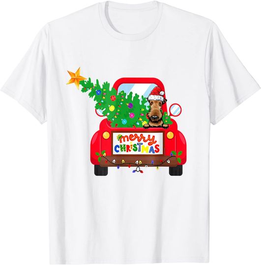 Airedale Dog Riding Red Truck Christmas Holiday T-Shirt