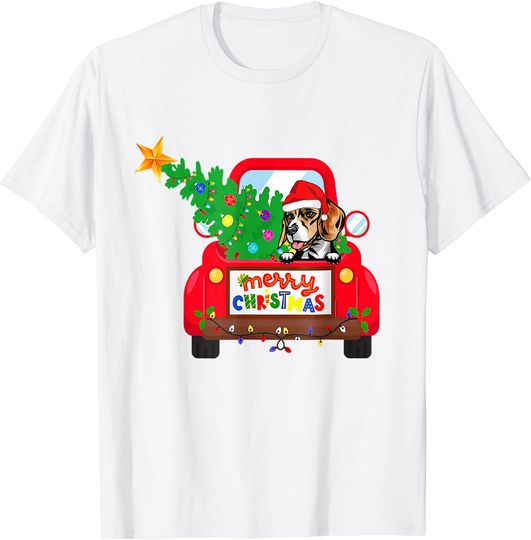 Beagle Dog Riding Red Truck Christmas Holiday T-Shirt