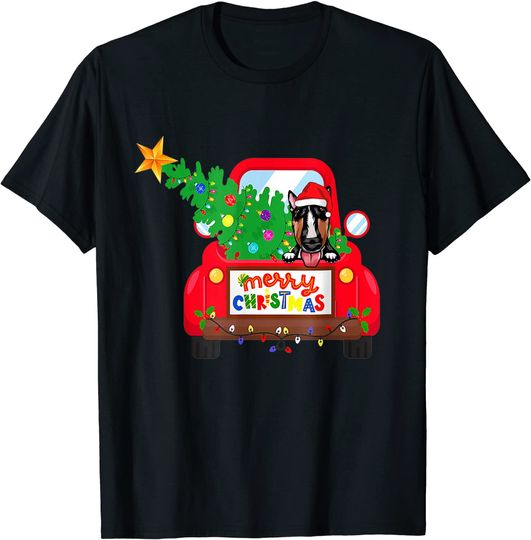 Bull Terrier Dog Riding Red Truck Christmas Holiday T-Shirt