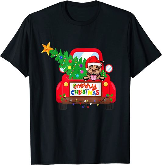 Kids Pit Bull Dog Riding Red Truck Christmas Holiday T-Shirt