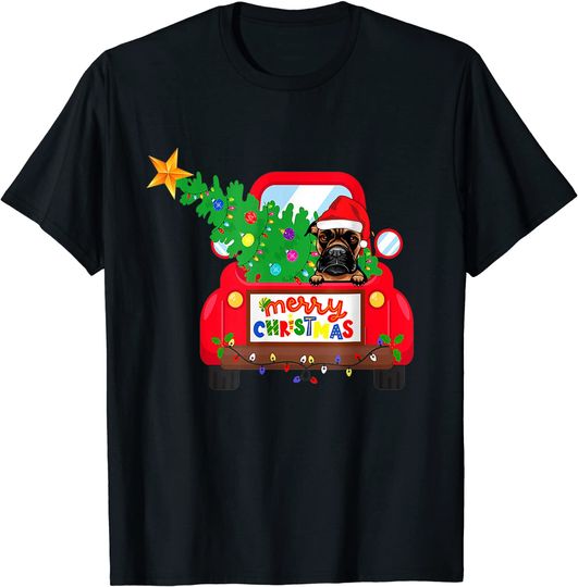 Boxer Dog Riding Red Truck Christmas Holiday T-Shirt