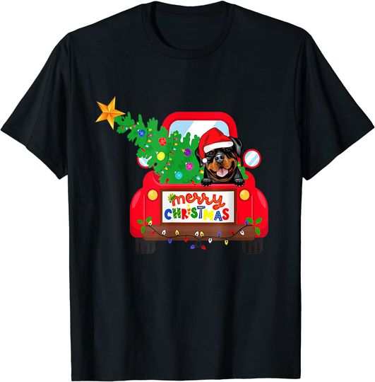 Rottweiler Dog Riding Red Truck Christmas Holiday T-Shirt