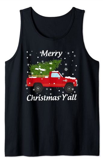 Merry Christmas Y'all Red Truck Christmas Pine Tree Tank Top