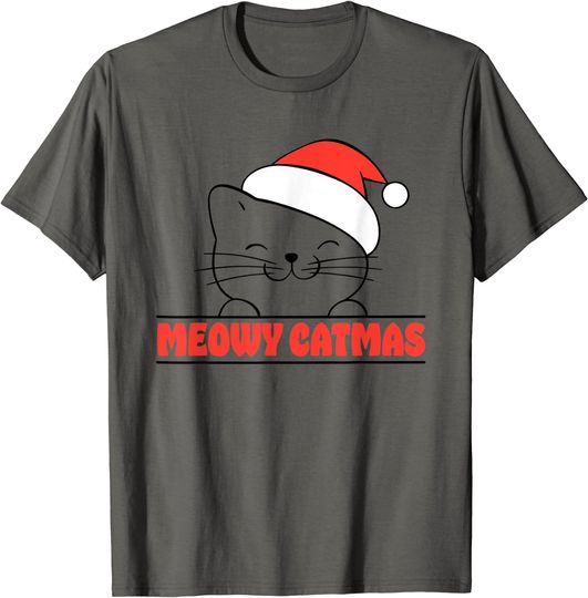 Meowy Merry Catmas Christmas Cat With Christmas Hat T-Shirt