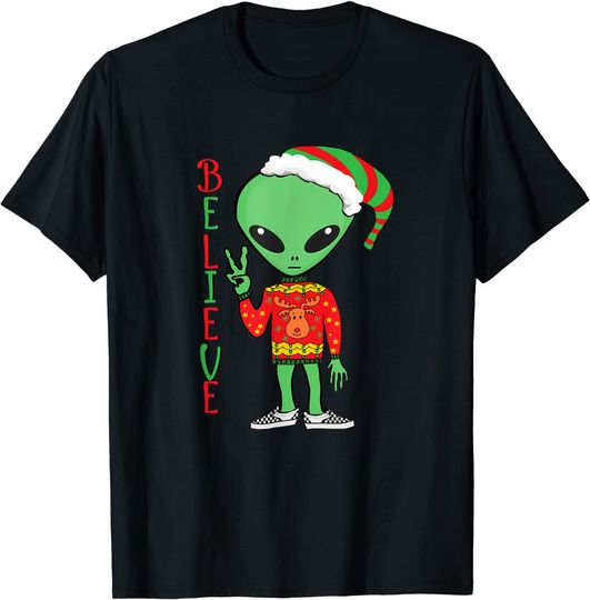 Christmas Alien Ugly Sweater I Believe Santa Hat T-Shirt