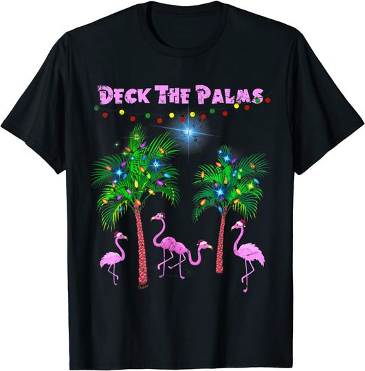 Pink Flamingos Christmas Palm Tree Tropical Xmas T Shirt