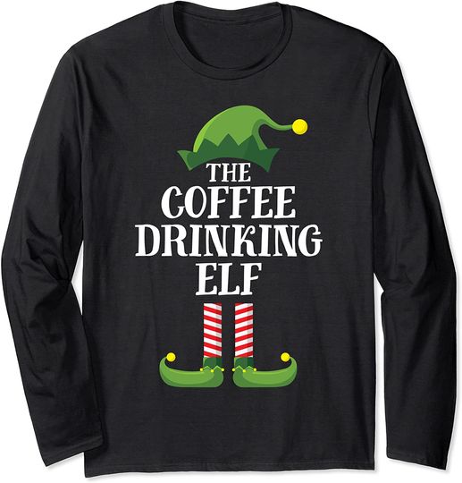 Coffee Drinking Elf Matching Family Group Christmas Party PJ Long Sleeve