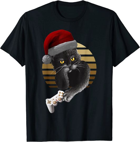 Gamer Black Cat Yellow Eyes Santa Hat Christmas Gaming T-Shirt