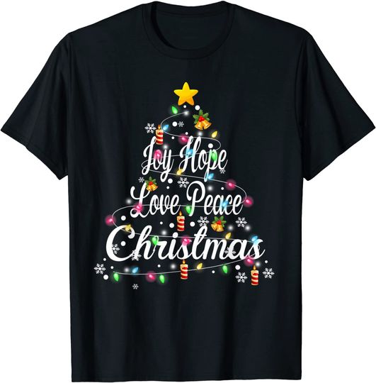 Funny Joy Hope Love Peace Xmas Tree Lights Merry Christmas T-Shirt