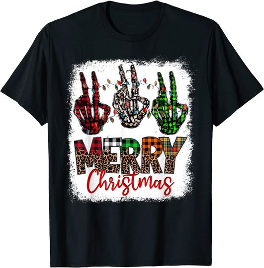 Peace Hand Skeleton Merry Christmas Buffalo Plaid Bleached T-Shirt