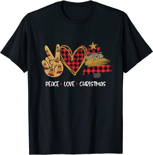 Peace Love Christmas Tree Leopard Plaid Prints Merry Xmas T-Shirt