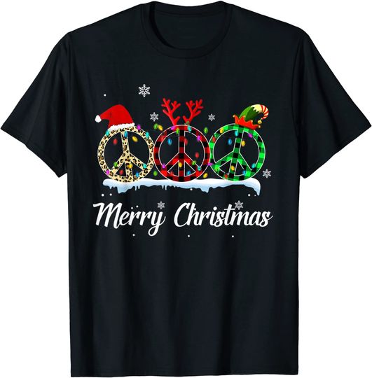 Hippie Peace Sign Santa Hat Reindeer Merry Christmas T-Shirt