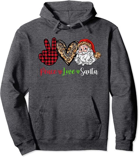 Peace Love Santa Leopard Buffalo Plaid Christmas Gift Pullover Hoodie
