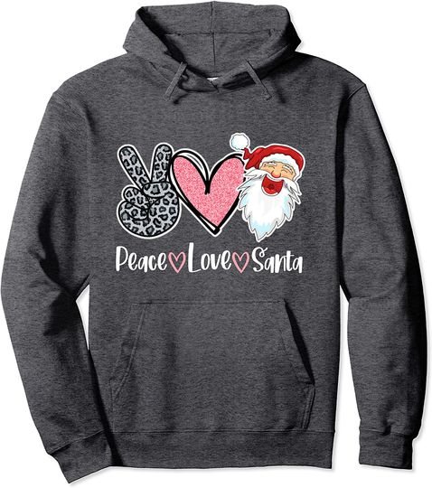 Peace Love Santa Leopard Print Pink Heart Funny Christmas Pullover Hoodie