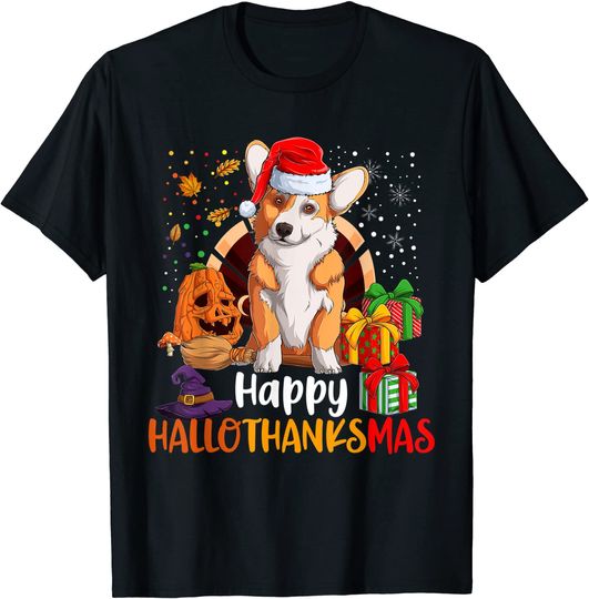Happy Hallothanksmas Welsh Corgi Lover Halloween Christmas T-Shirt