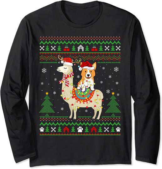 Santa Corgi Riding Llama Reindeer Ugly Corgi Christmas Long Sleeve