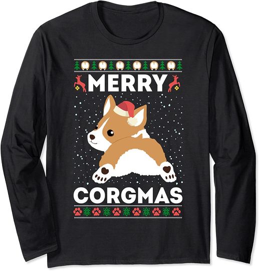 Corgi Ugly Christmas Sweater Style Merry Corgmas Santa Corgi Long Sleeve