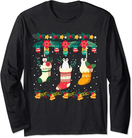Penguin Christmas Stocks X-mas Lights Pajama Matching Family Long Sleeve