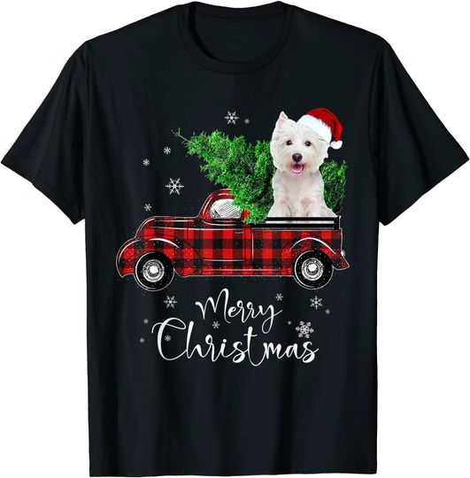 West Highland White Terrier Dog Ride Red Truck Christmas T-Shirt