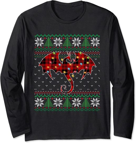 Funny Dragon Ugly Sweater Christmas Lights Dragon Lover Long Sleeve