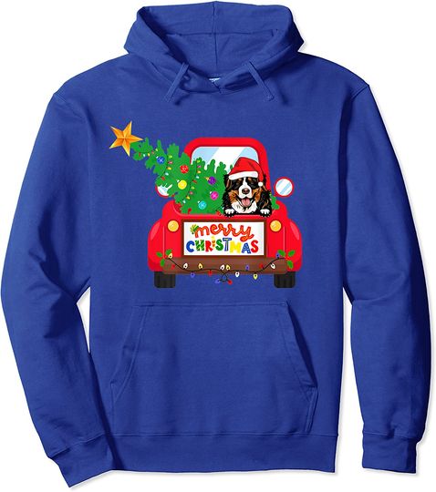 Bernese Mountain Dog Riding Red Truck Christmas Holiday Pullover Hoodie