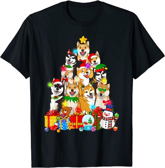 Funny Shiba Inu Christmas Tree Lights Puppy Dog Lover T-Shirt