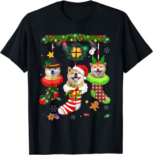 Shiba Inu In Socks Christmas Santa Hat Xmas Lights Dog Lover T-Shirt