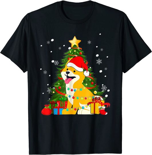 Shiba Inu Dog Christmas Santa Tree Light Pajama Dog Xmas T-Shirt